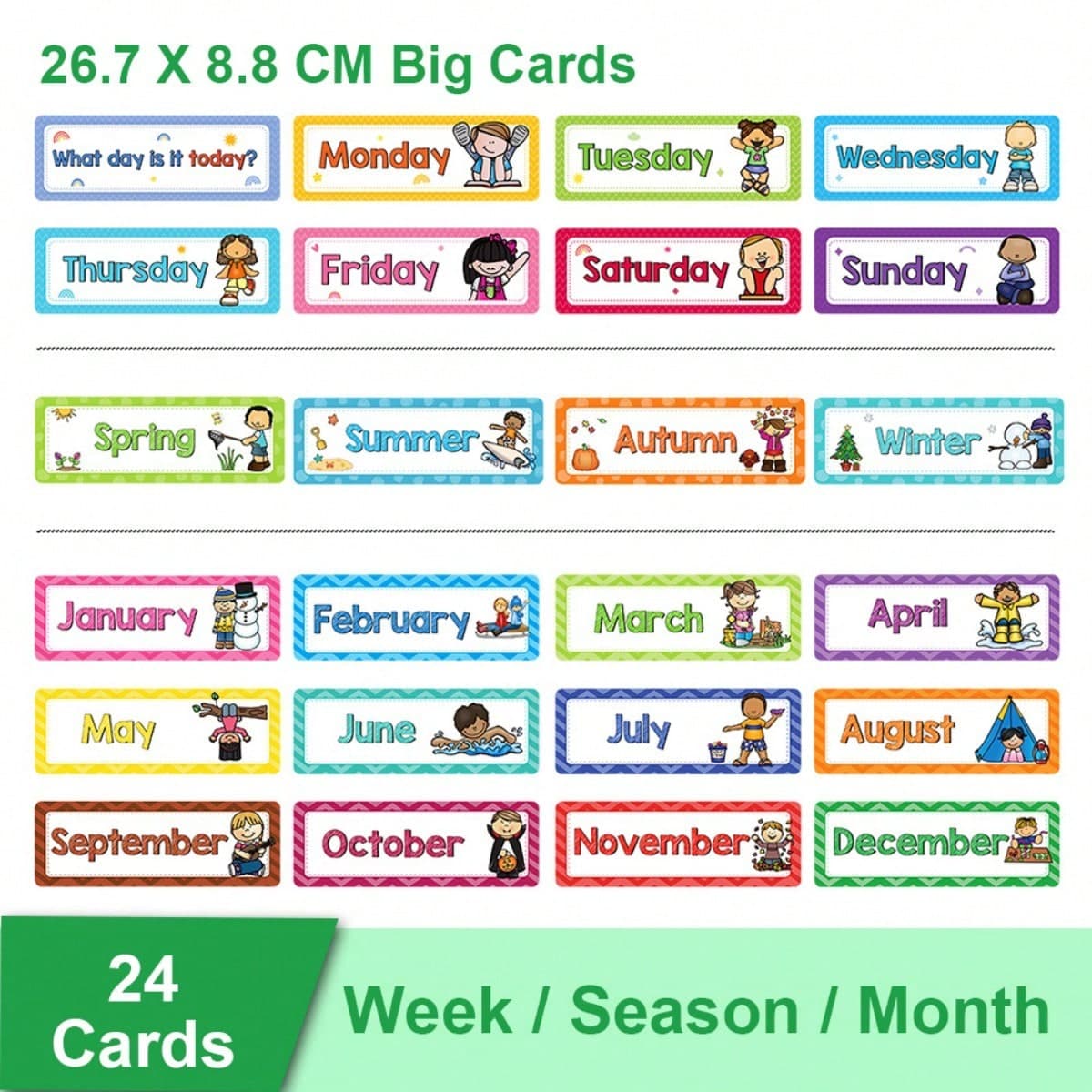 Ensemble de 24 cartes d'entêtes mensuelles illustrées : 12 mois de l'année, entêtes des jours de la semaine et entêtes mensuelles saisonnières